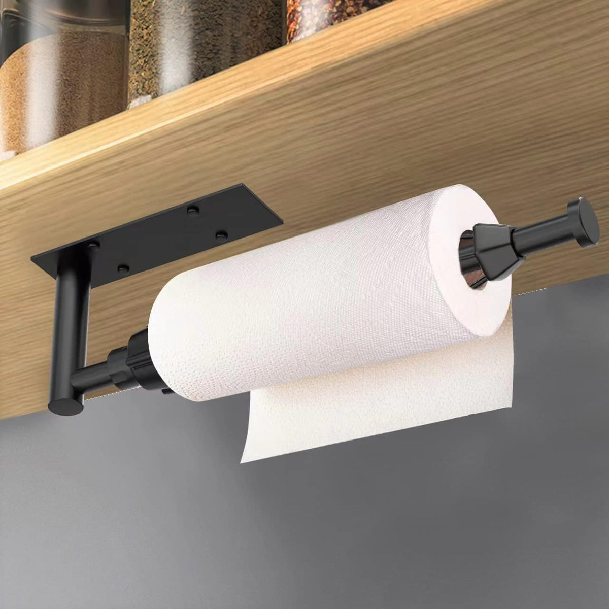 VAEHOLD Self Adhesive Paper Towel Holder Under Cabinet Mount, Wall Mounted Paper Towel Roll Holder with Damping Effect for Kitchen, Bathroom, Wall - SUS304 Stainless Steel (Matte Black)