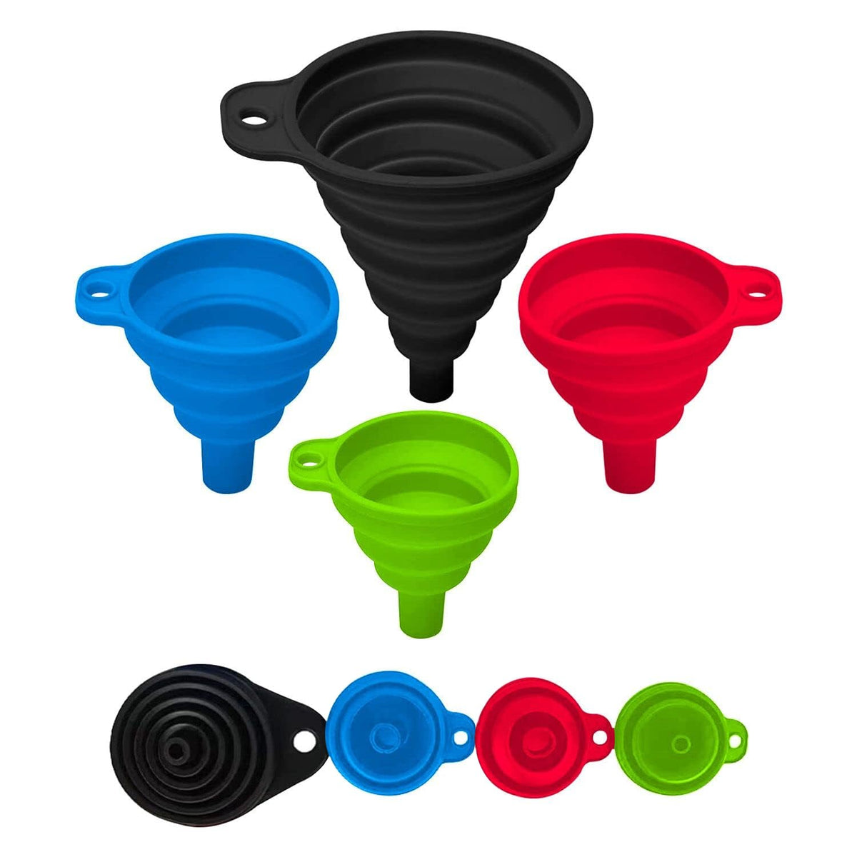 Set of 4 Silicone Collapsible Kitchen Funnel - X-Small to Large Sizes for Easy Liquid Transfer Food Grade Silicone Collapsible Gadgets (Multicolor)