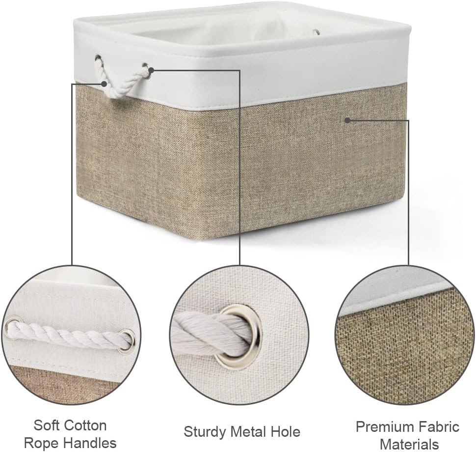 Organization and Storage Bins for Shelves - 17X15X12 inch 2 Pack Fabric Storage Cubes Collapsible Baskets for Organizing with Rope, Storage Box for Cloth Decorative (White&Khaki)