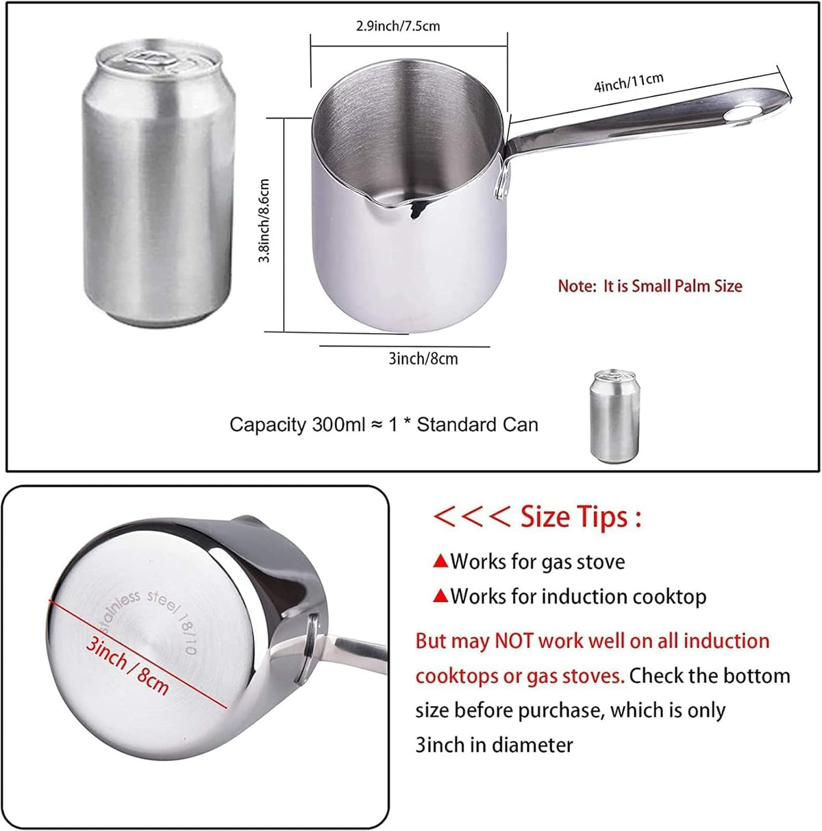 IMEEA Butter Warmer Turkish Coffee Pot Milk Warmer Pot Mini Saucepan with Spout 18/10 Tri-Ply Stainless Steel (10oz/300ml)