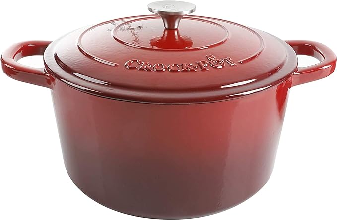 Crock Pot Artisan 5-Quart Round Enameled Cast Iron Dutch Oven – Red, Durable Heavy-Duty Cookware for Slow Cooking, Roasting, Baking with Lid