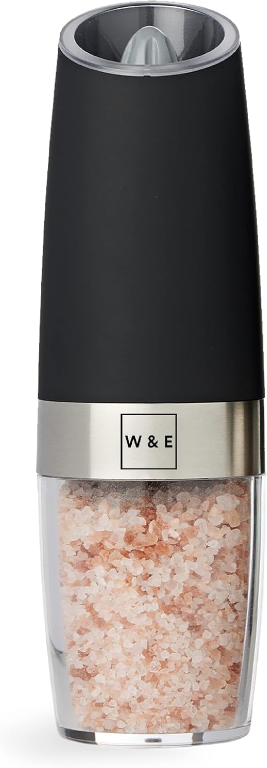 Willow & Everett Electric Salt and Pepper Grinder Set - Battery-Operated, Automatic Salt and Pepper Shakers - Black and Stainless Steel Gravity Electric Salt Grinder & Pepper Mill for Seasoning
