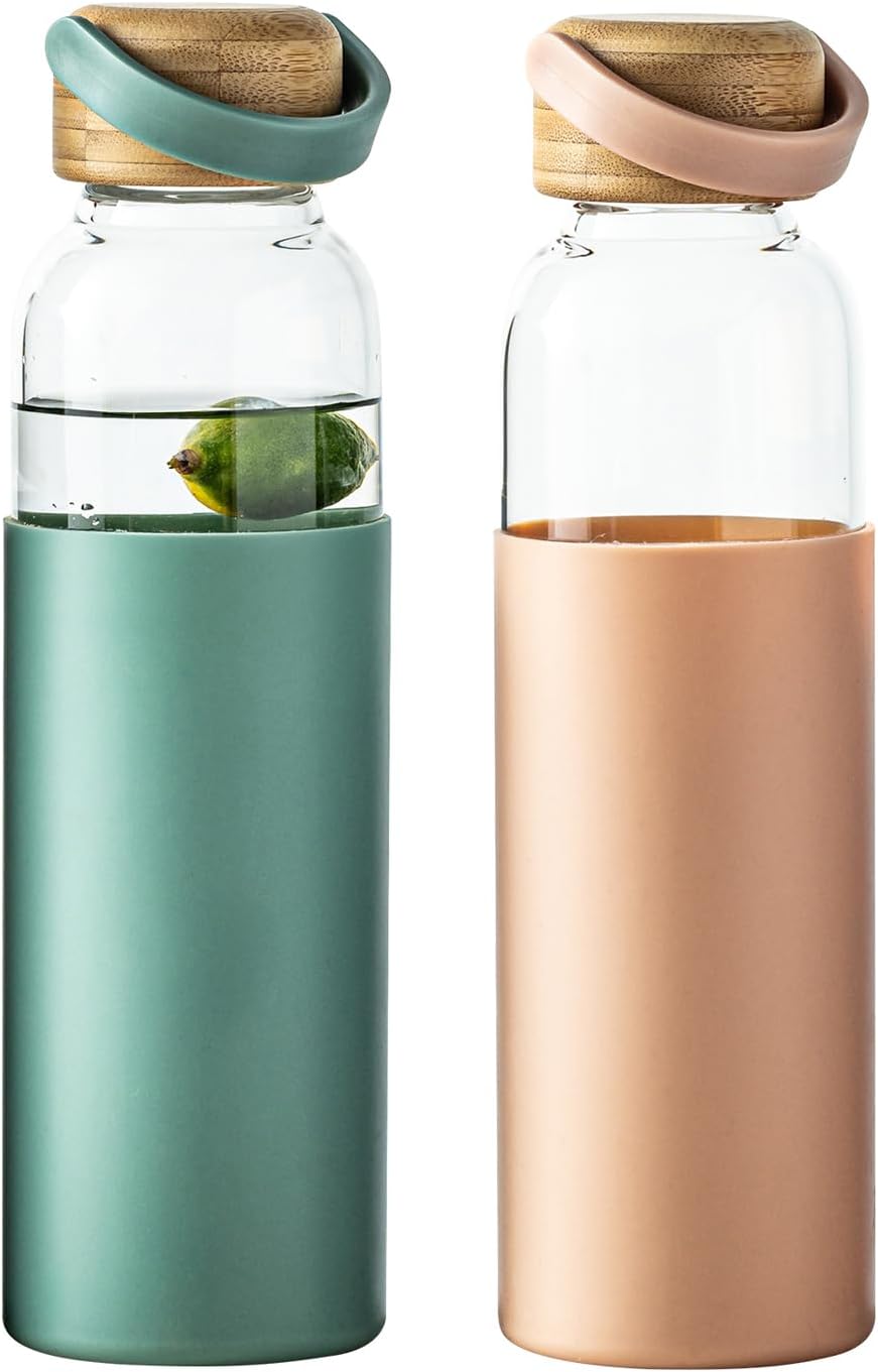 21oz Borosilicate Glass Water Bottles with Silicone Non-Slip Sleeve & Leak-Proof Lid-Reusable Drink Bottle for Office,Travel,Gym,Hiking-BPA Free,Ideal Gift for Home,Car &Fitness (Pink+Green)