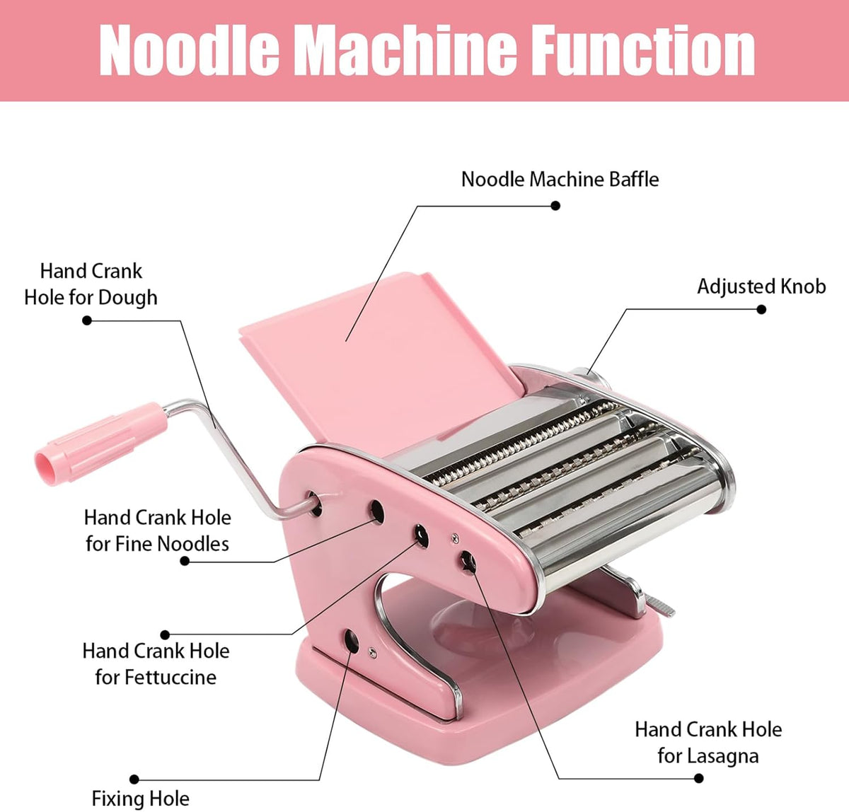 Pasta Maker Machine-6 Adjustable Thickness Settings, Adjustable Clamp, stainless steel Construction for Spaghetti, Fettuccini, Lasagna, Dumpling Skins (Pink pasta maker)
