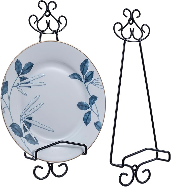 MyGift Set of 2 Vertical Hanging Collectible Plate Holders, Wall Mounted Matte Black Metal Wire Vintage Scrollwork Display Racks, Holds 8 to 11 Inch Plates