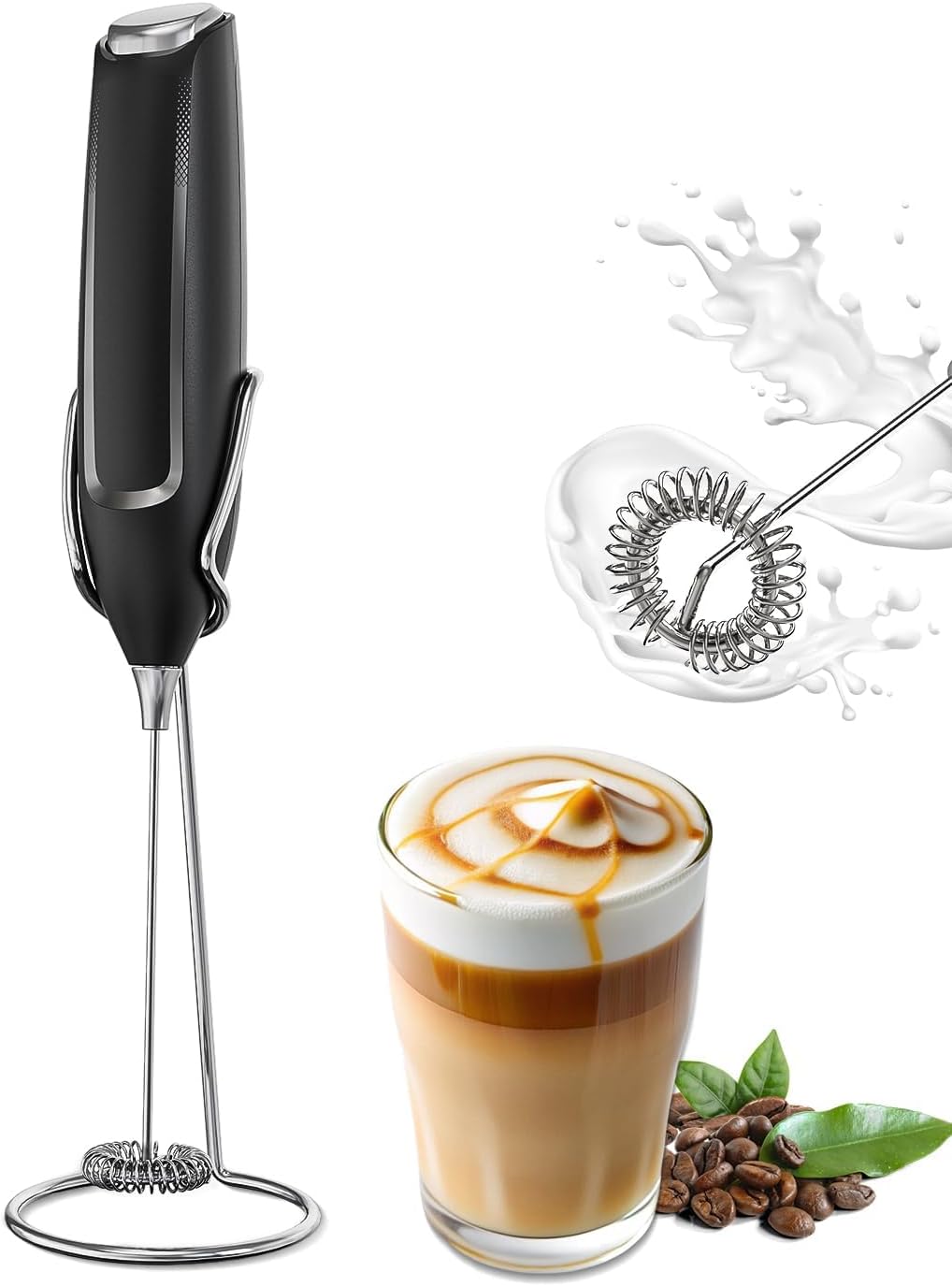 Milk Frother Handheld with Stand, Battery-Operated Electric Foam Maker Frother Wand, Whisk Drink Mixer & Foamer for Coffee, Latte, Matcha, Hot Chocolate