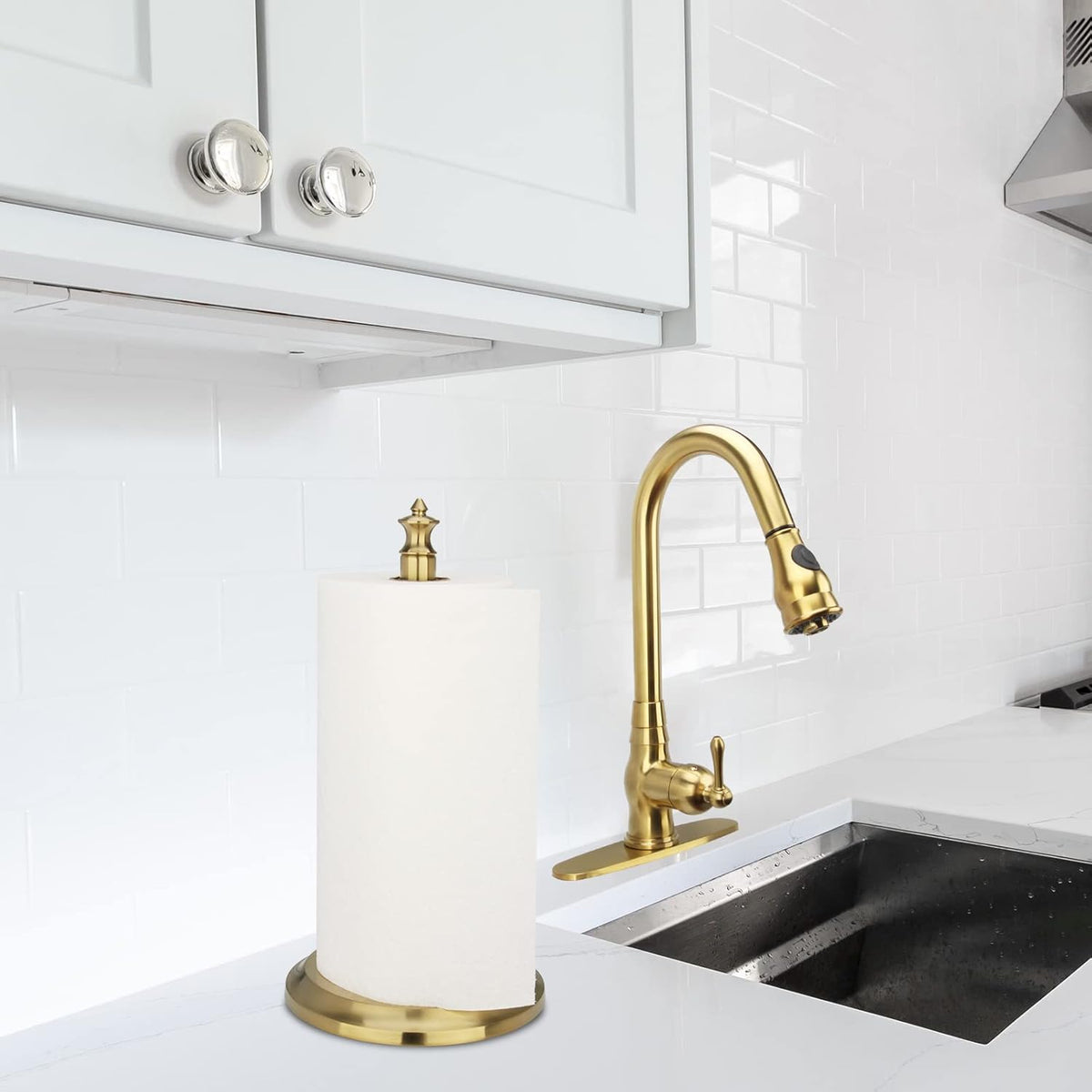 Akicon Paper Towel Holder Stand for Kitchen Countertop & Dining Room Table (Brushed Gold Brass, Classical)