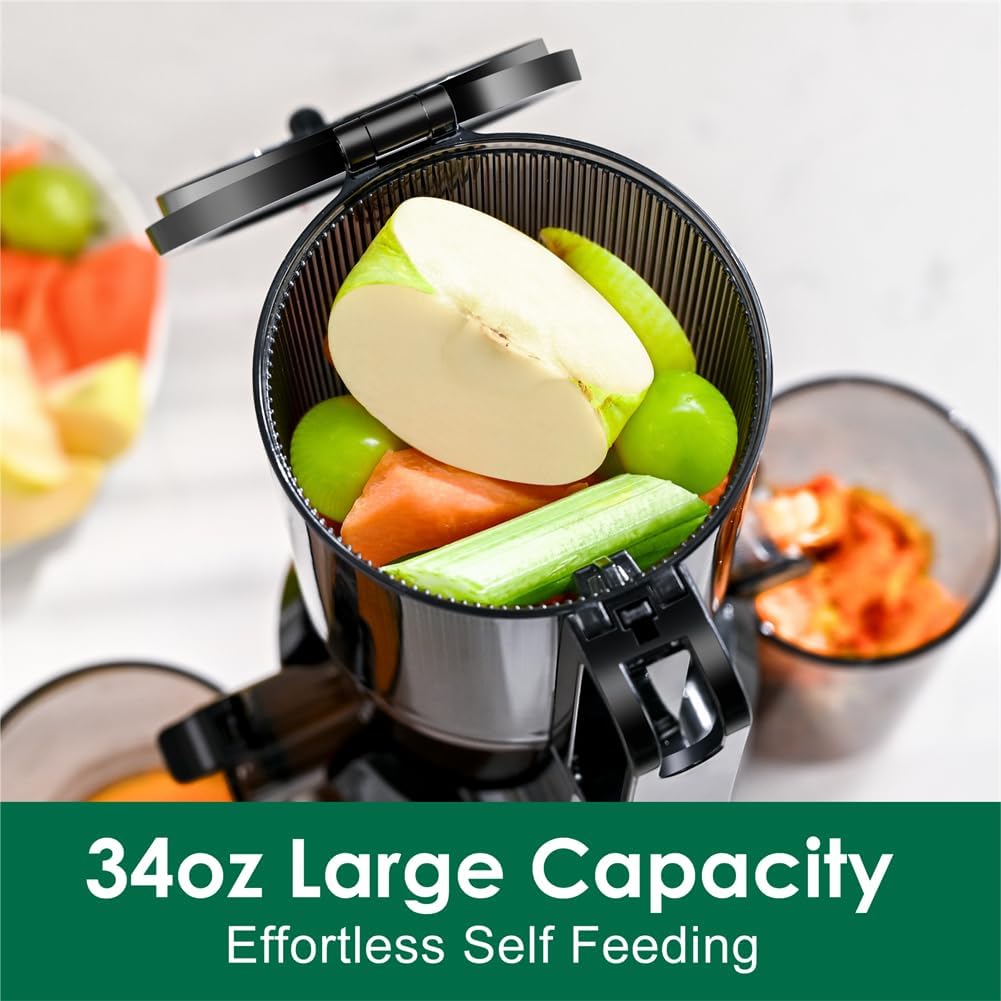 Cold Press Juicer Machines,Fretta Slow Masticating Juicer Machines with 4.25" Large Feed Chute,Fit Whole Fruits & Vegetables Easy Clean Self Feeding,High Juice Yield,BPA Free (Black)