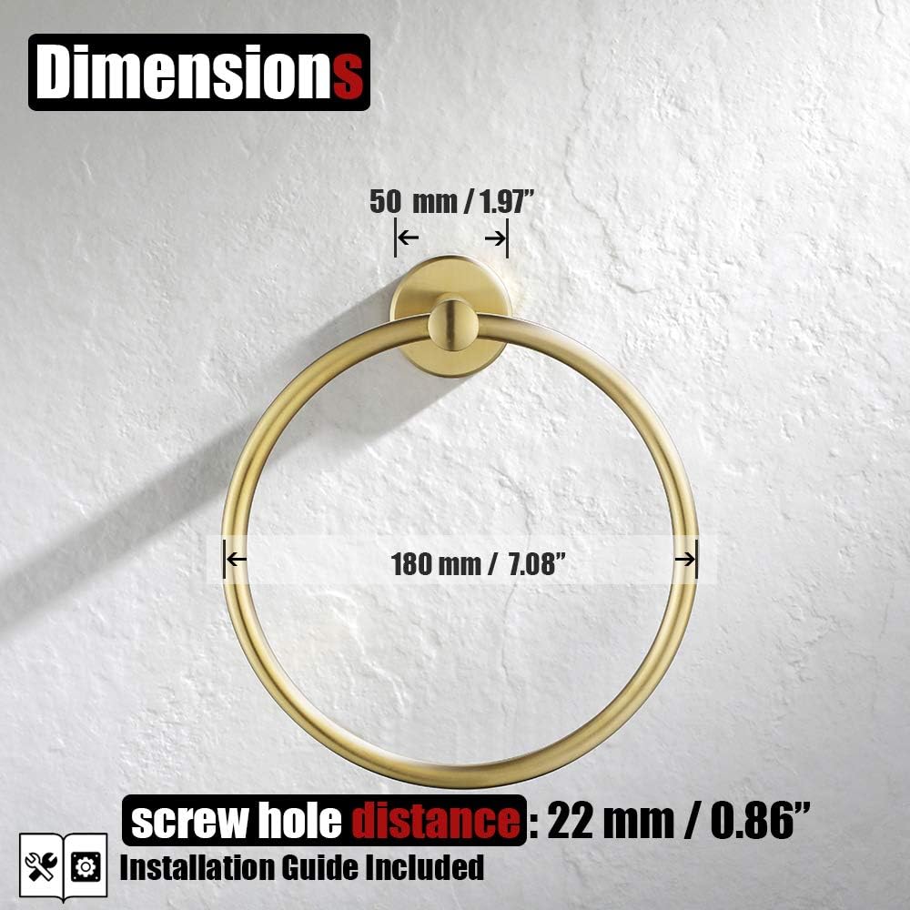 JQK Towel Ring Brass Gold, 304 Stainless Steel Hand Towel Holder for Bathroom, Brushed Gold Wall Mount, TR130-BG