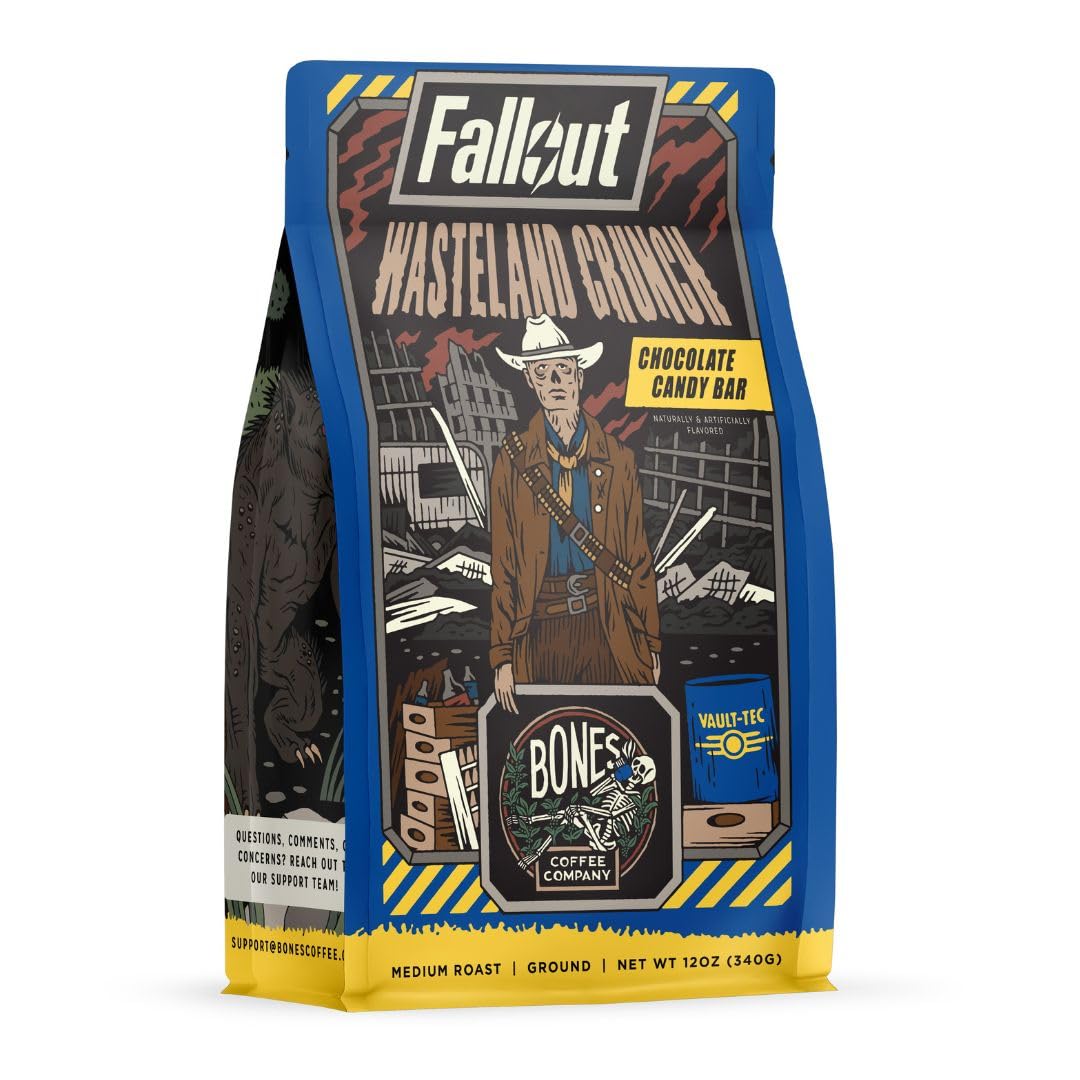 Bones Coffee Company Fallout Wasteland Crunch, Chocolate Candy Bar Flavored Coffee, Medium Roast Low Acid Arabica Beans Compatible with Auto drip and French Press Coffee Maker, 12 Oz Ground