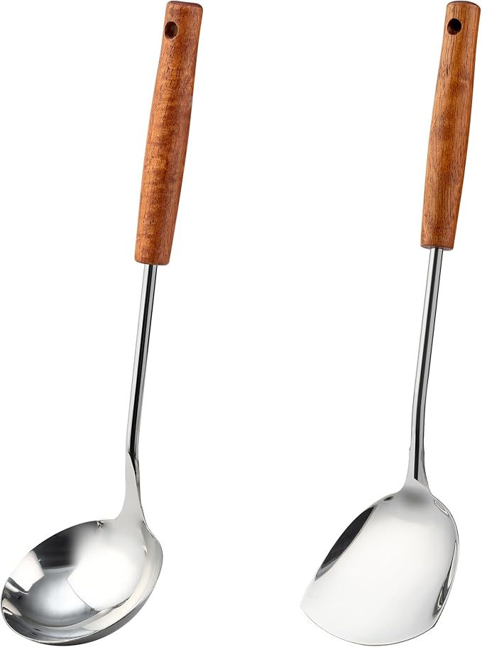 FJNATINH Wok Spatula and Ladle Tool Set - Stainless Steel Wok Tools,Wok Utensil,Mirror Polished Stainless Steel Cooking Utensils 14.6-15.2" Kitchen Utensils Cookware, Pack of 2