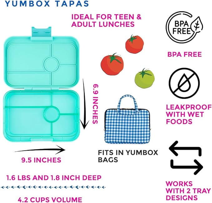 Yumbox Tapas Leakproof Bento Lunch Box - 5-Compartment Bento Container for Adults and Kids; Large Size 9.5x6.9x1.8; (Bali Aqua with Clear Aqua Tray)