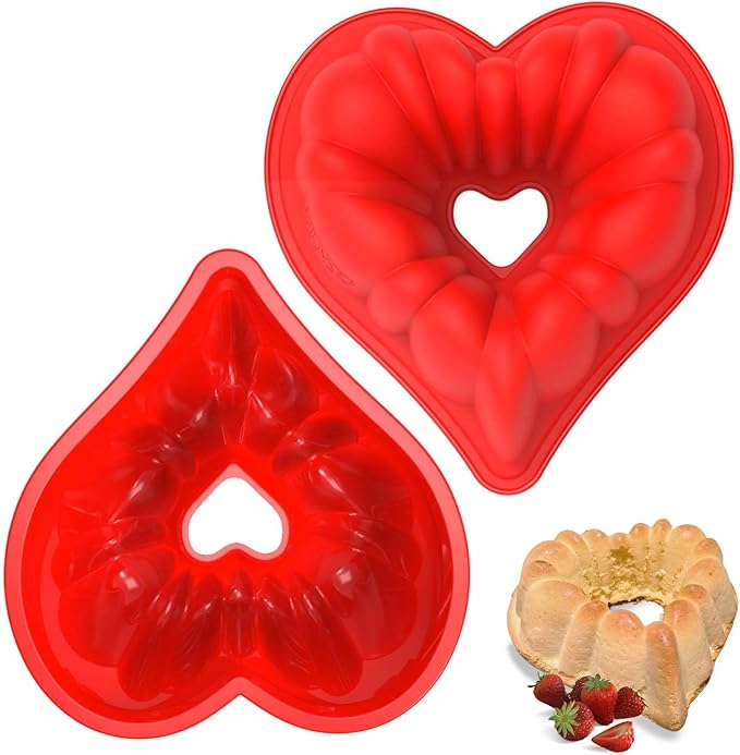 SILIVO Heart Shaped Bundt Cake Pans(2 Pack) - 8 inch Nonstick Silicone Heart Shaped Fluted Cake Pan for Buntz Cakes,Fluted Cakes and Brownies
