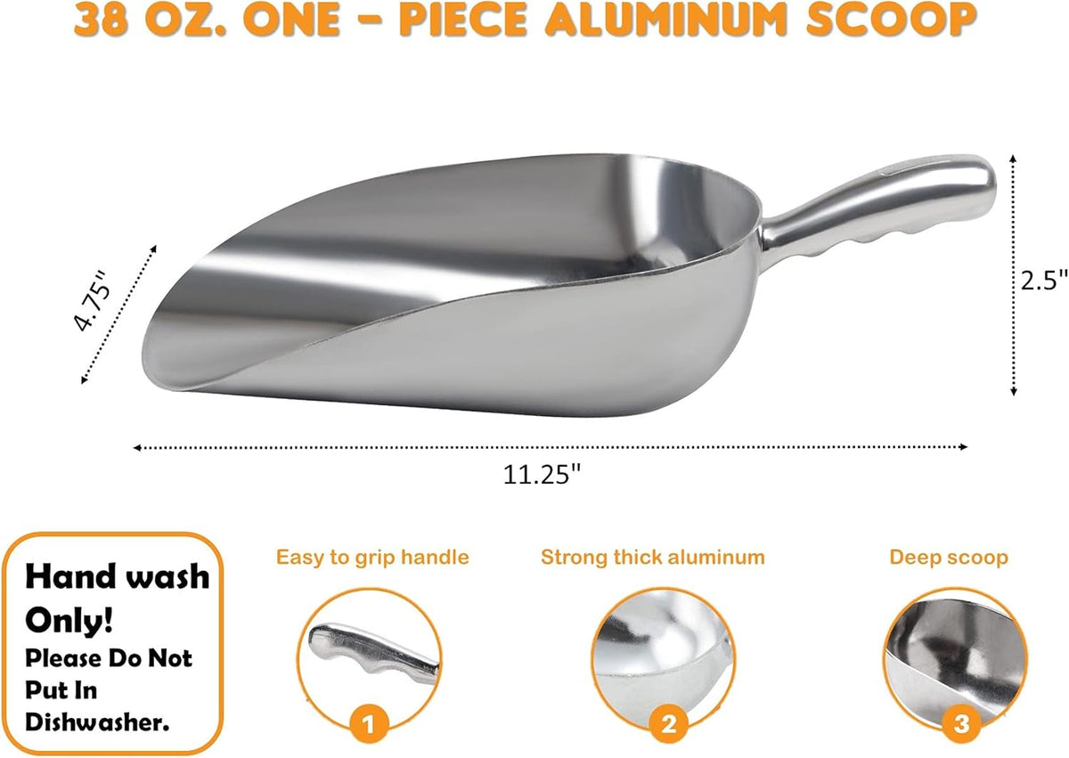 Cast Aluminum Utility Scoop - 38 oz. - Round Bottom, ice scoop For Multi-Purpose Use, With Finger Groove Handle (38 oz.)