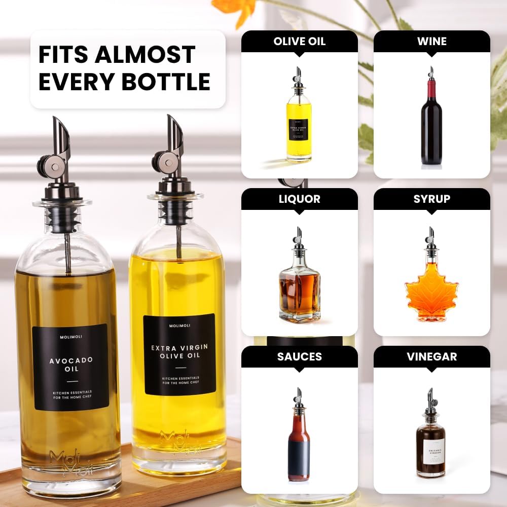 Molimoli Pack of 4 Premium Liquor Pour Spout Made of Stainless Steel with Automatic Anti-Oxidation Mechanism, Bottle Pourers for Alcohol and Wine, Olive Oil Dispenser Spout, Oil Bottle Spout, Black