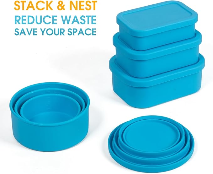Nesting 100% Silicone Food Storage Containers with Lid & Measuring Line, 6 Pack, Leakproof Stackable Hard-Shell Silicone Containers for Food Lunch Snack, Microwave Oven Freezer Dishwasher Safe, Blue