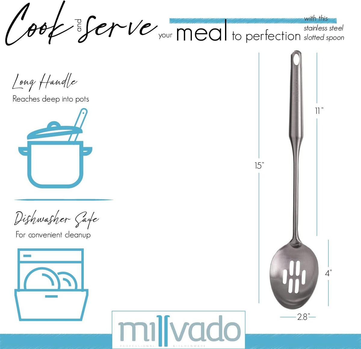 Stainless Steel Slotted Cooking Spoon, Large Metal Chef Strainer Utensil For Cooking, Serving, And Mixing, The #1 Dishwasher Safe Kitchen Tool, 15" Long Spoon With Holes