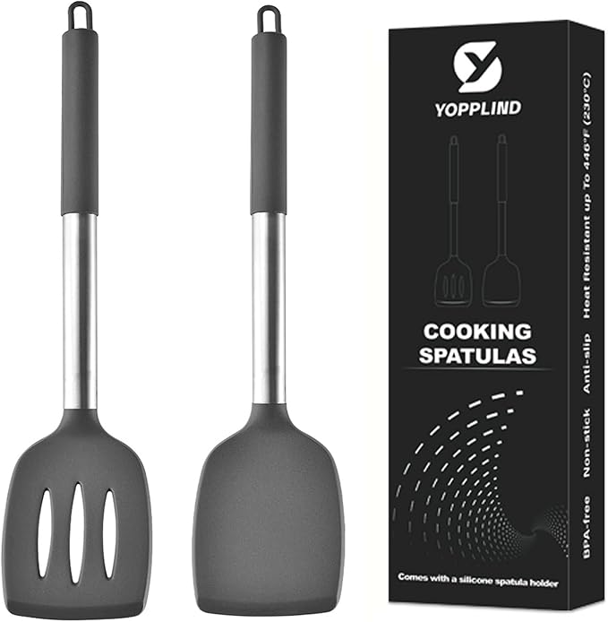 3Piece Silicone Spatula Set, Heat-Resistant, Non-Stick Kitchen Spatulas, BPA-Free, for Eggs, Pancakes, Fish, Woks, Includes Multifunctional shelf spoon pad (gray)