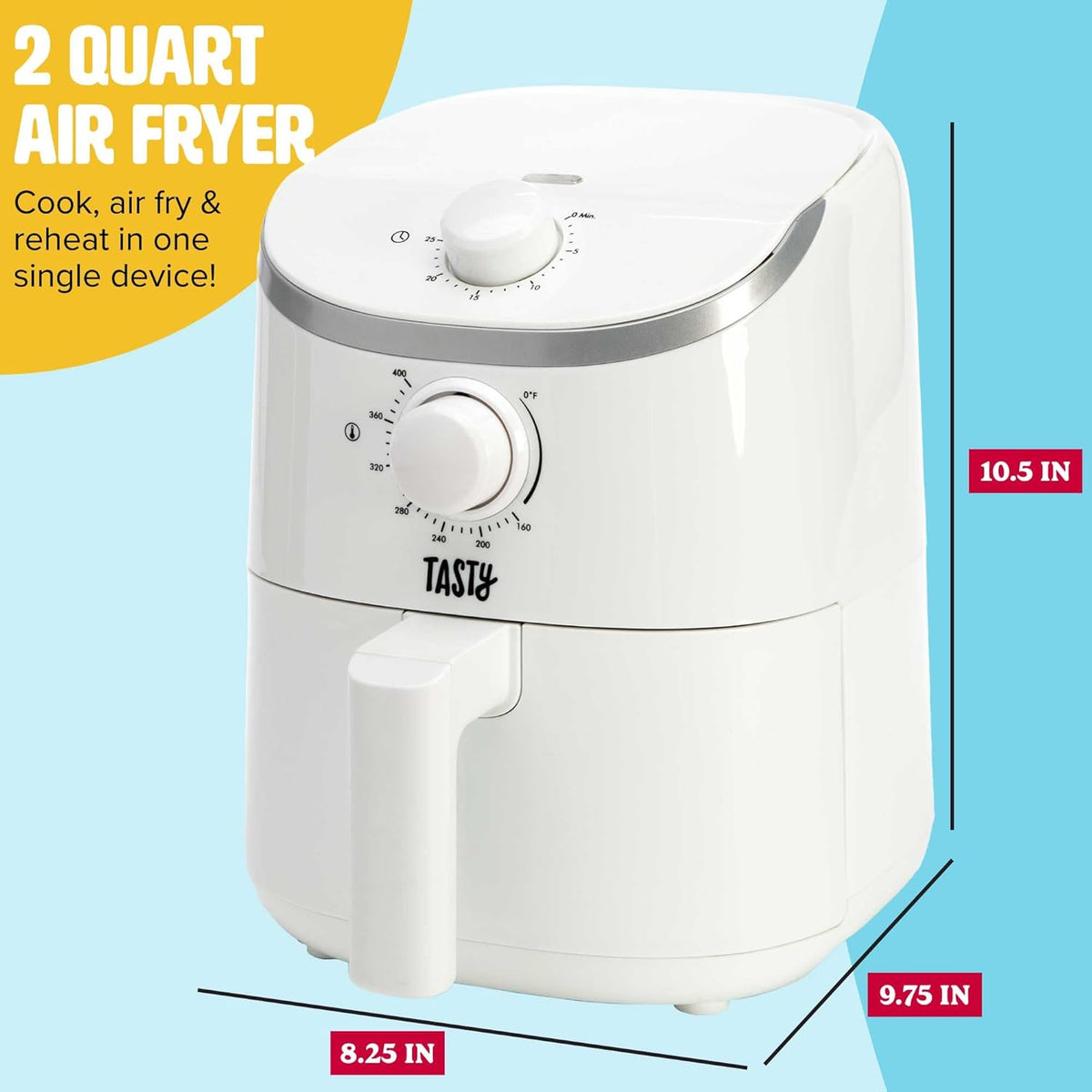 Tasty Personal Air Fryer, Healthier Meals in Minutes, Adjustable Temp Control up to 400°F, Easy-to-Use Design, Nonstick Basket and Tray Made without PFAS, PFOA, PFOS & PTFE, 900 Watts, 2-Quart, White