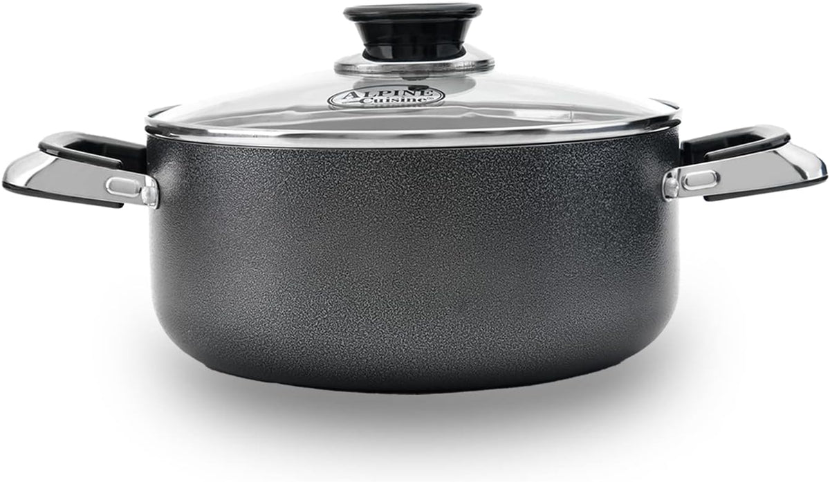 Alpine Cuisine 3 Quart Non-stick Stock Pot with Tempered Glass Lid and Carrying Handles, Multi-Purpose Cookware Aluminum Dutch Oven for Braising, Boiling, Stewing