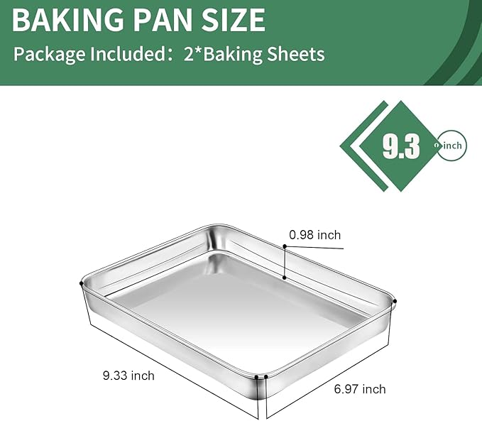 Baking Sheets Set of 2, HKJ Chef Cookie Sheets 2 Pieces Stainless Steel Baking Pans & Toaster Oven Tray Pans, Rectangle Size 9L x 7W x 1H inch & Non Toxic & Healthy & Easy Clean