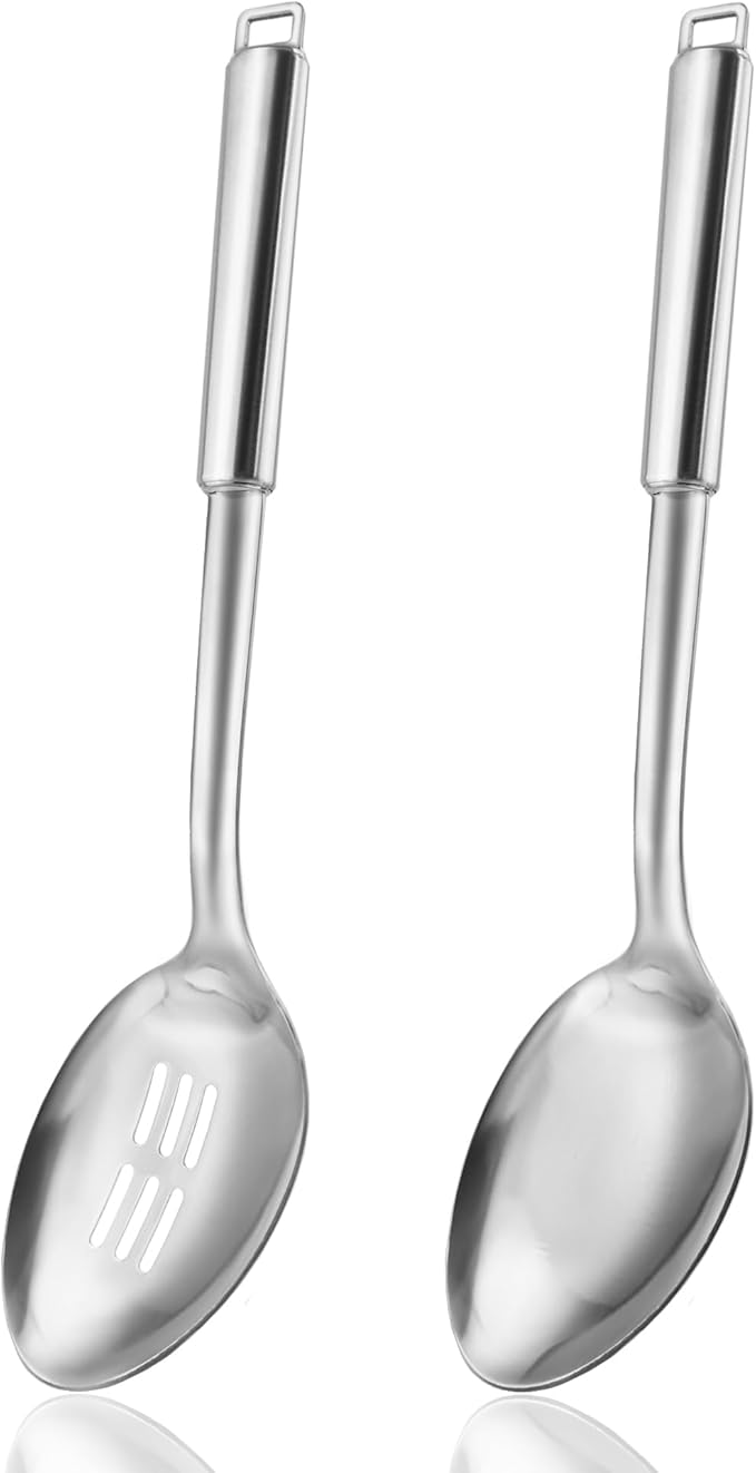 18/0 Stainless Steel Cooking Spoons Set, Serving Spoon & Slotted Spoon, Kitchen Cooking Utensils Set, Housewarming Daily Use Commercial, Pack of 2