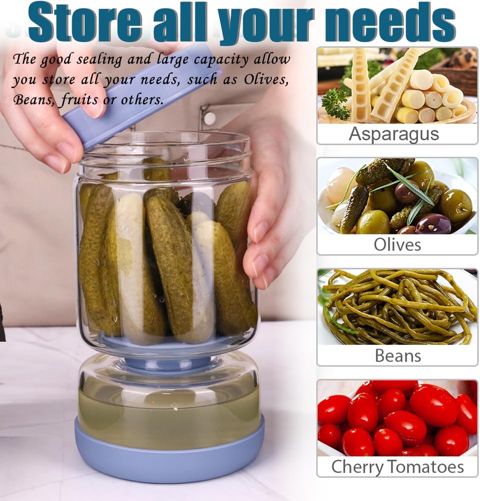 Pickle Jar with Strainer Flip for Pickle Juice Separator from Wet and Dry, Upgrade Food-grade ABS Lid and BPA Free Hourglass Pickle Jar for Airtight Food Storage, Haze Blue