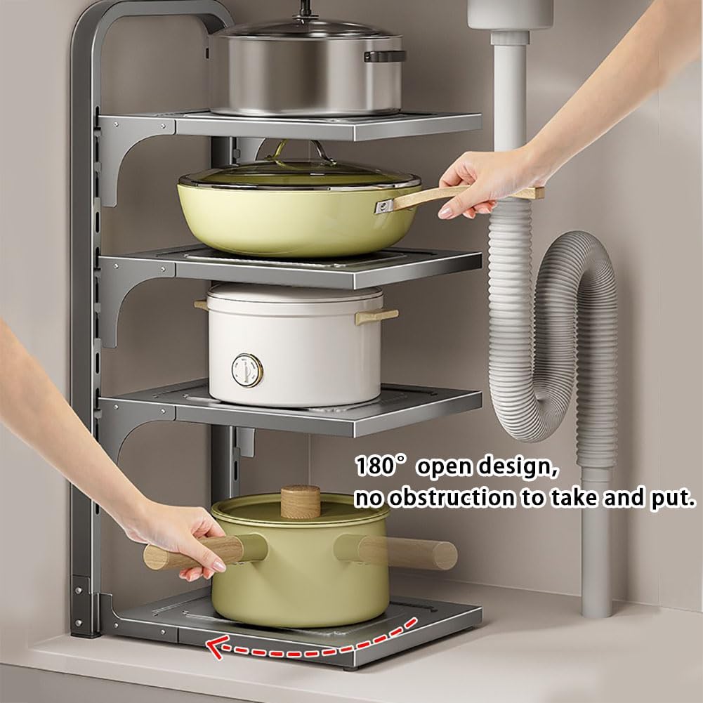 Pots and Pans Organizer Under Cabinet,4 Tier Adjustable Cabinet Pan Organizer Rack, 25''Heavy Duty Pot Rack,Pot lid organizer for Kitchen Pantry to Store Dutch Ovens,Cast-Iron Pans(4L-A)