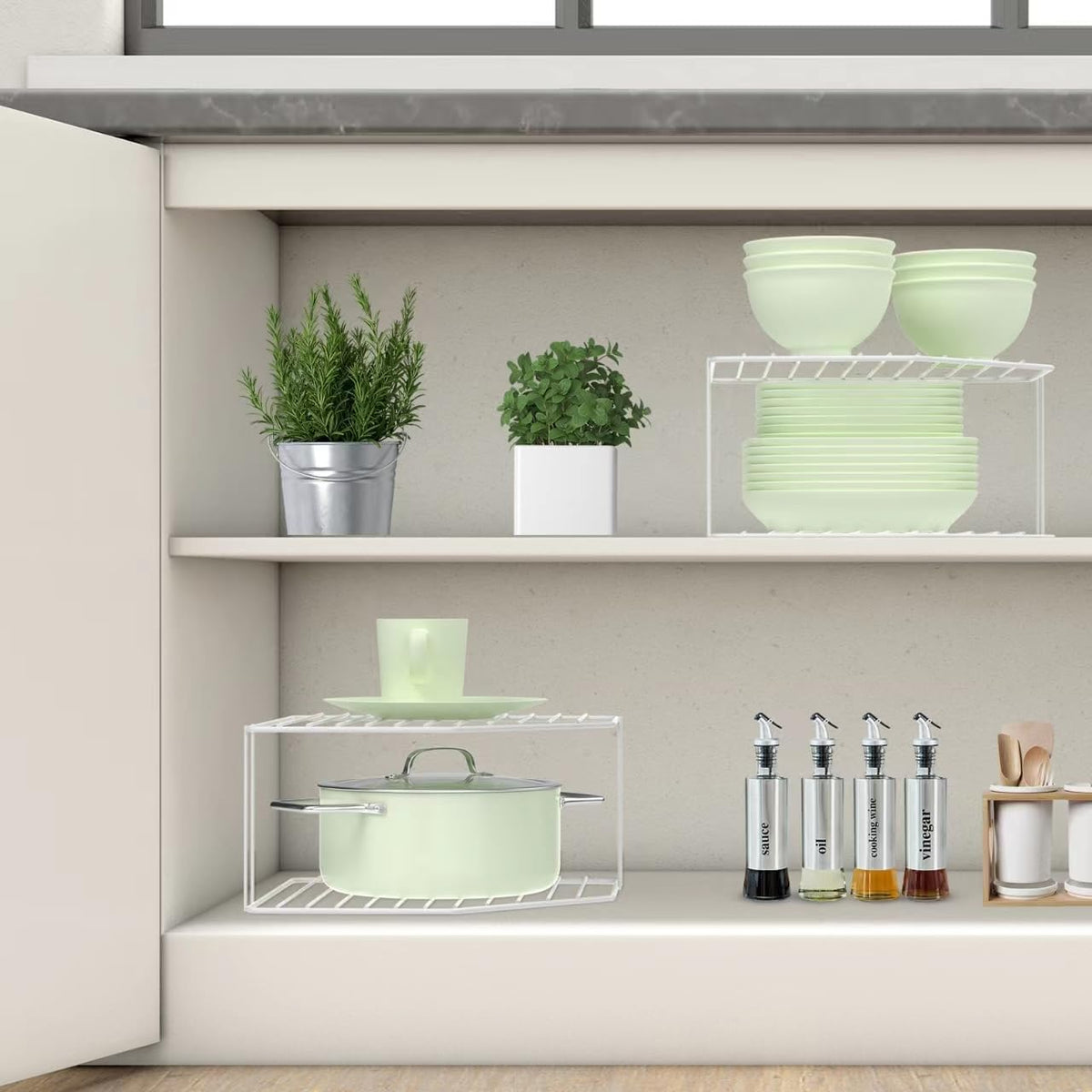AKAZA 2Pcs 2-Tier Corner Stackable Organizer Shelf for Kitchen - Cabinet Storage Shelf Rack, Shelves，Kitchen Counter and Cabinet Shelf, Storage Rack Organizer for Kitchen(White)