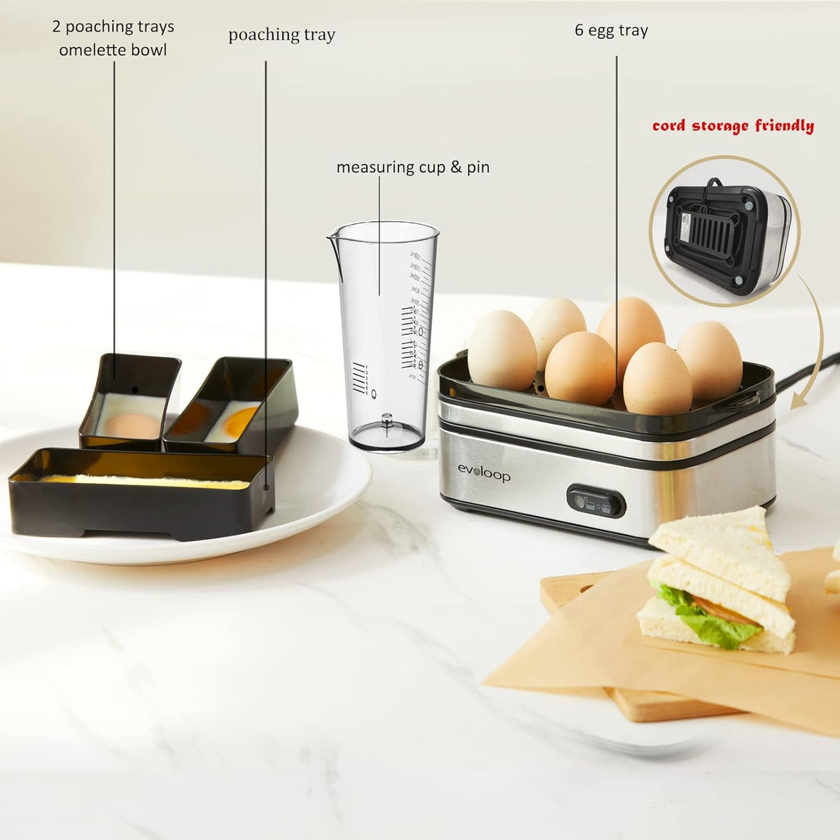 Rapid Egg Cooker Electric 6 Eggs Capacity, Soft, Medium, Hard Boiled, Poacher, Omelet Maker Egg Poacher With Auto Shut-Off, BPA Free