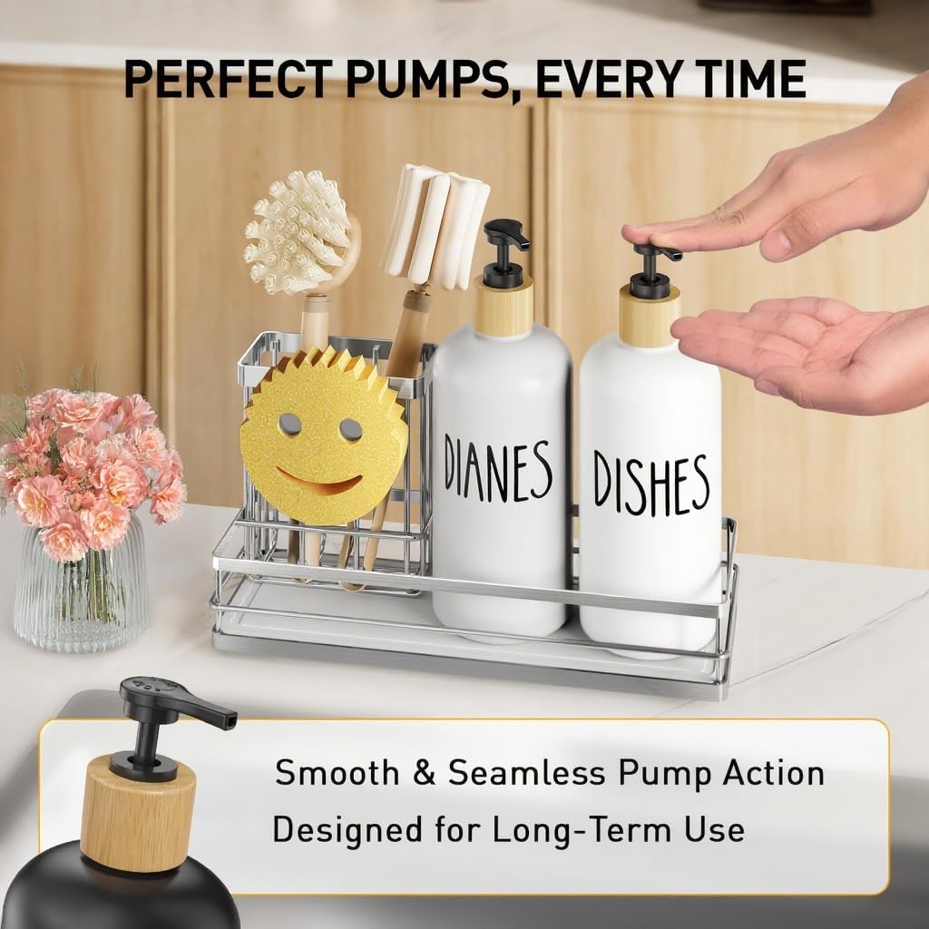 Moforoco Kitchen Dish Soap Dispenser Set, 16OZ Glass Bottle, Hand and Dish Soap Dispenser Set, Instant Dry Tray, Non-Slip Silicone Pad, Brush Holder with Sponge Holder, Kitchen Decor（White Bottle）