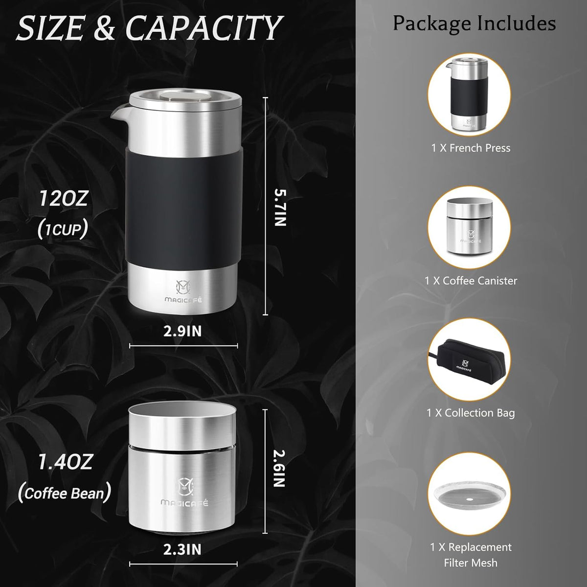French Press Coffee Maker Set, Portable French Press with Mini Coffee Canister and Collection Bag, Single Serve 1 Cup Small Stainless Steel Double Walled Coffee Press 350ml/12oz