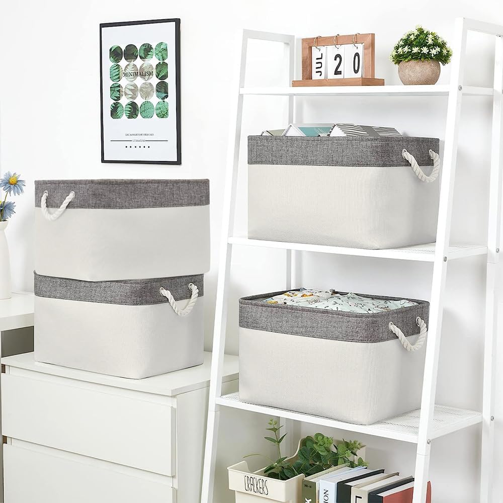 Organization and Storage Basket for Organizing - Large 4 Pack 16x12x8 inch Fabric Storage Cube Collapsible Baskets for Shelves, Storage Bins for Cloth Books (Grey & White)