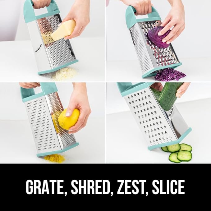 GORILLA GRIP 4-Sided 100% BPA-Free Cheese Grater With Container, Stainless Steel XL Box Graters, Parmesan Shredder, Grate Cheeses, Shred Veggies, Slip Resistant Handle, Dishwasher Safe Zester, Mint