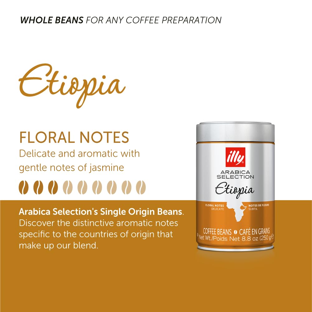 illy Arabica Selections Ethiopia Whole Bean Coffee, 100% Arabica Bean Single Origin Coffee, Light Roast with Notes of Jasmine, All-Natural, No Preservatives, 8.8 Ounce Can (Pack of 1)
