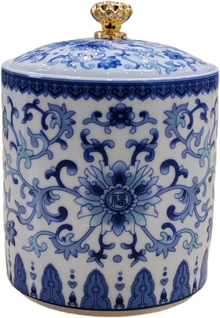Small Vintage Blue and White Porcelain Salt Cellar with Lid Ceramic Salt Holder Container for Countertop, Airtight Spice Jar, Kitchen Storage Dish