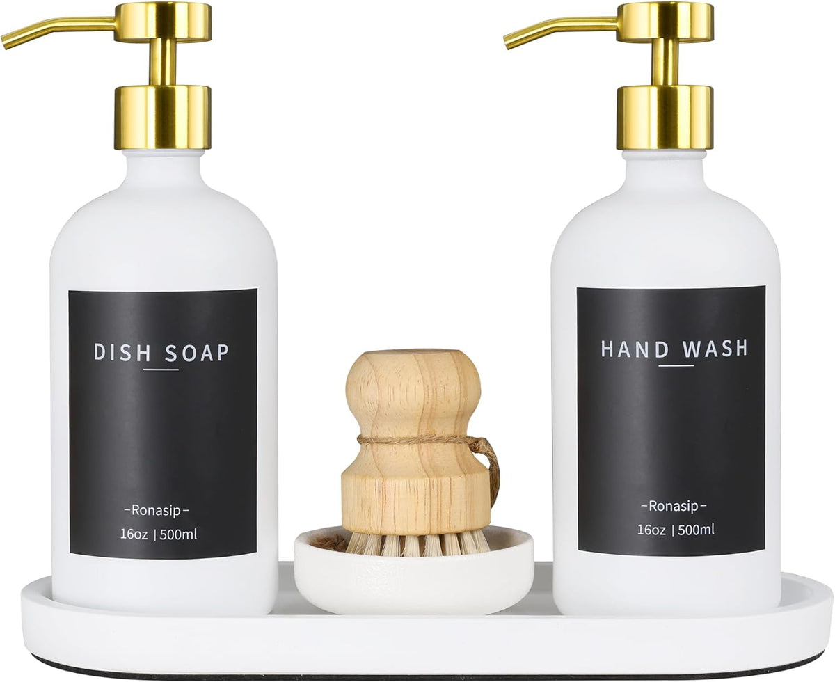 Set of 5 Kitchen Soap Dispenser Set 16 Oz Glass Hand Dish Soap Dispenser with Stainless Steel Pump, Cement Tray, Dish Scrub Brush for Farmhouse Rustic Home Bathroom Decor (White)