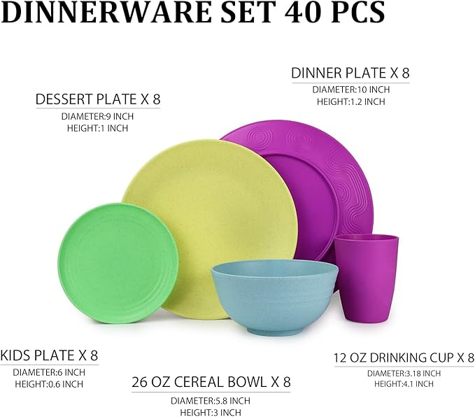 Kitchen Wheat Straw Dinnerware Set | Service for 8 | Unbreakable Dinnerware Set Plates and Bowls Sets Dinner Plates Dessert Plate Drinking Glasses Cereal Bowls Kitchen Dishes Sets - Memphis