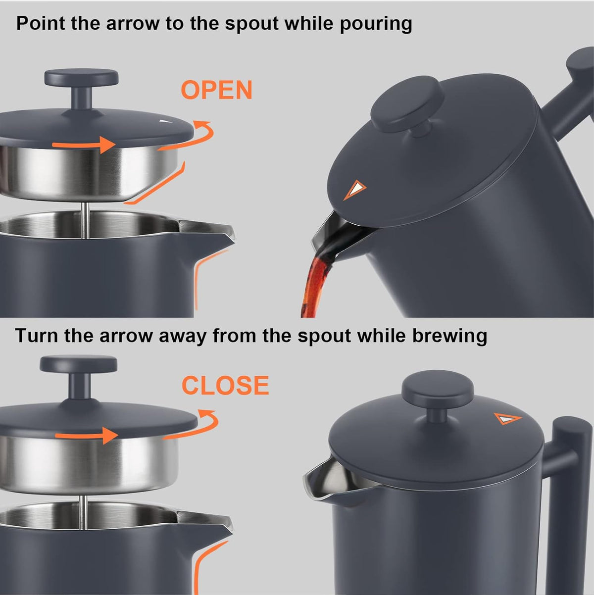 Secura French Press Coffee Maker, 304 Grade Stainless Steel Insulated Coffee Press with 2 Extra Screens, 34oz (1L), Grey