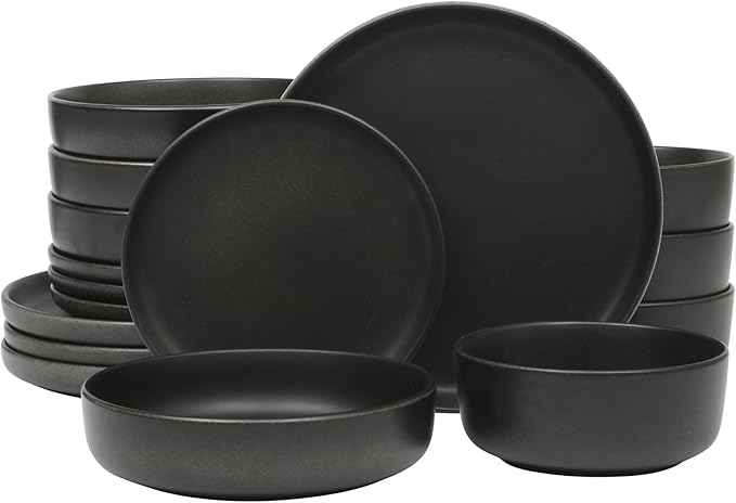 Gibson Elite Pasco 16 Piece (Service for 4) Plates and Bowls Double Bowl Reactive Glaze Dishes Stoneware Ceramic Dinnerware Set - Black