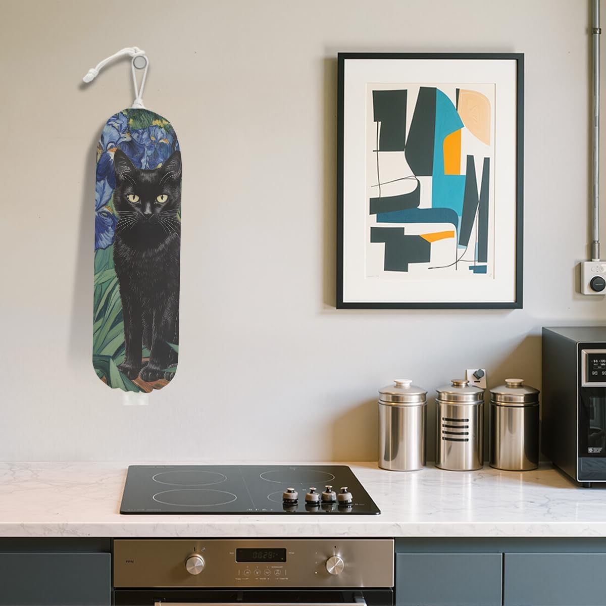 Mysterious Cat Plastic Bag Holder, Wall Mount Plastic Bag Holders for Grocery Bags, Vibrant Floral Washable Grocery Bags Storage Dispenser for Home Kitchen Decor, Cat Lover Gifts for Women