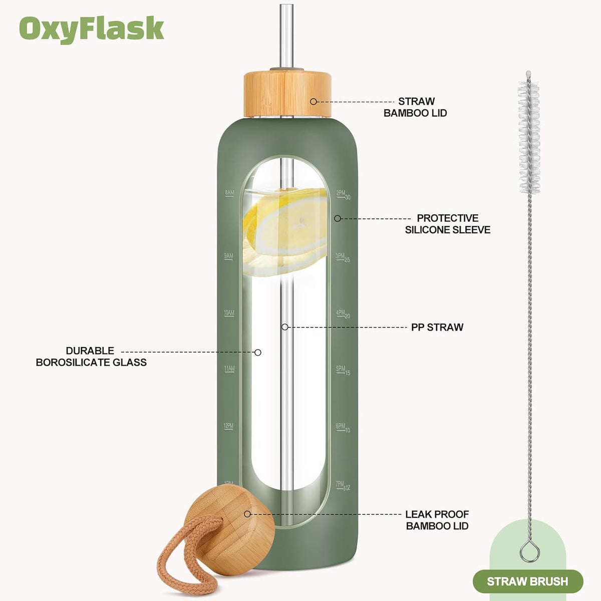 Glass Water Bottles 32 oz - Motivational Drinking Glass Water Bottle with Silicone Sleeve, Straw & 2 Bamboo Lids - 1 Liter Clear Borosilicate Daily Intake Tumbler with Time Marker - Olive