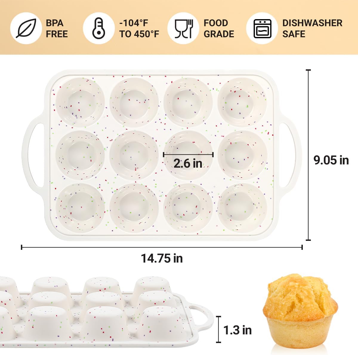 FUNBAKY Silicone Muffin Pan with Metal Frame, Nonstick 12 Cups Regular Size Silicone Muffin Tin for Oven Baking Easy to Move with Handle BPA Free