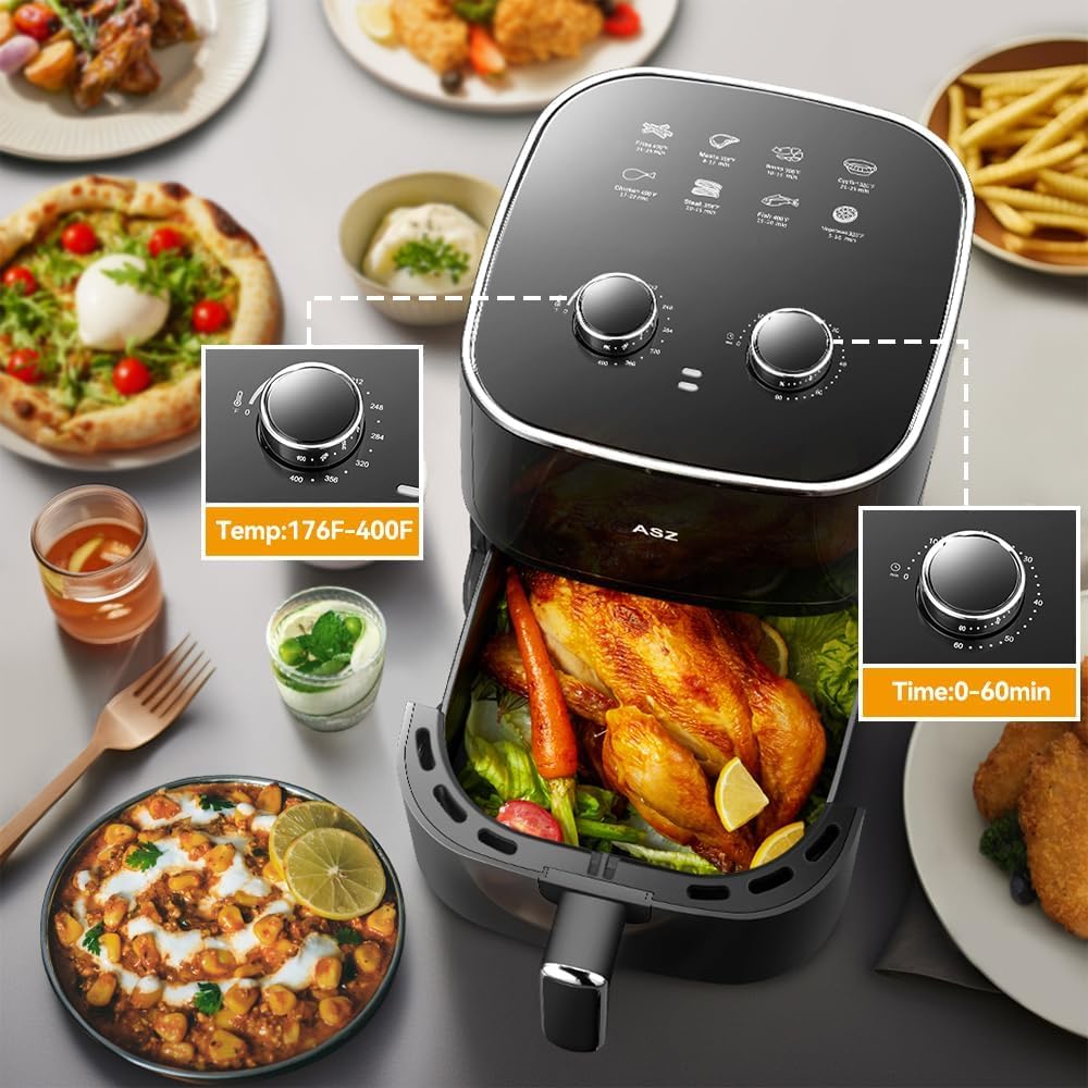 ASZ 5qt Air Fryer Compact Knob Black for dorm office - 4.7L Airfryer with Window 1400W Visual Basket - Non-Stick Pan, Manuel Control Max 60s Timer & 400℉ Kitchen Airfry Countertop Gift