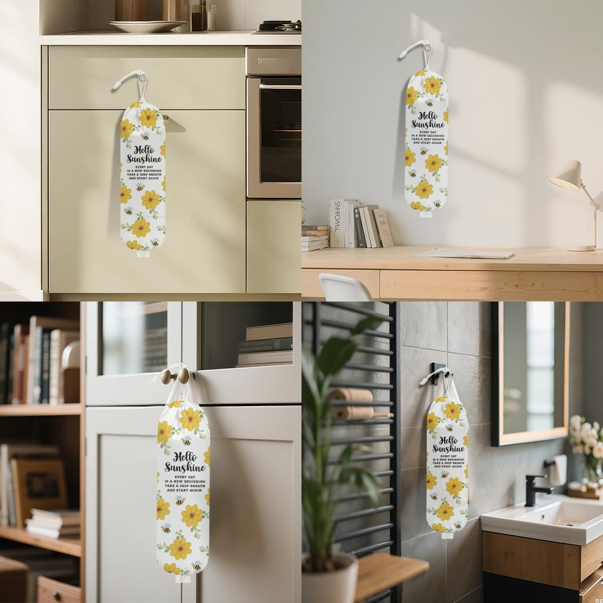 Rustic Floral Cute Bee Plastic Bag Holder for Kitchen Essentials, Wall Mount Grocery Bag Holder for Plastic Bags, Hello Sunshine Reusable Grocery Bags Storage Dispenser for Home Kitchen Farmhouse