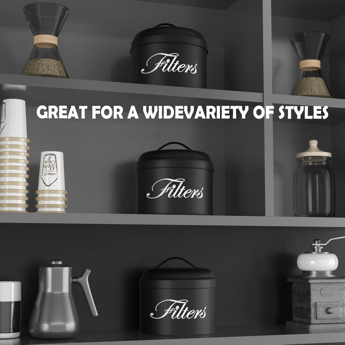 Black Basket Coffee Filter Holder With Lid - Round Container for Counter Storage - Rustic Farmhouse Bar Accessories Decor