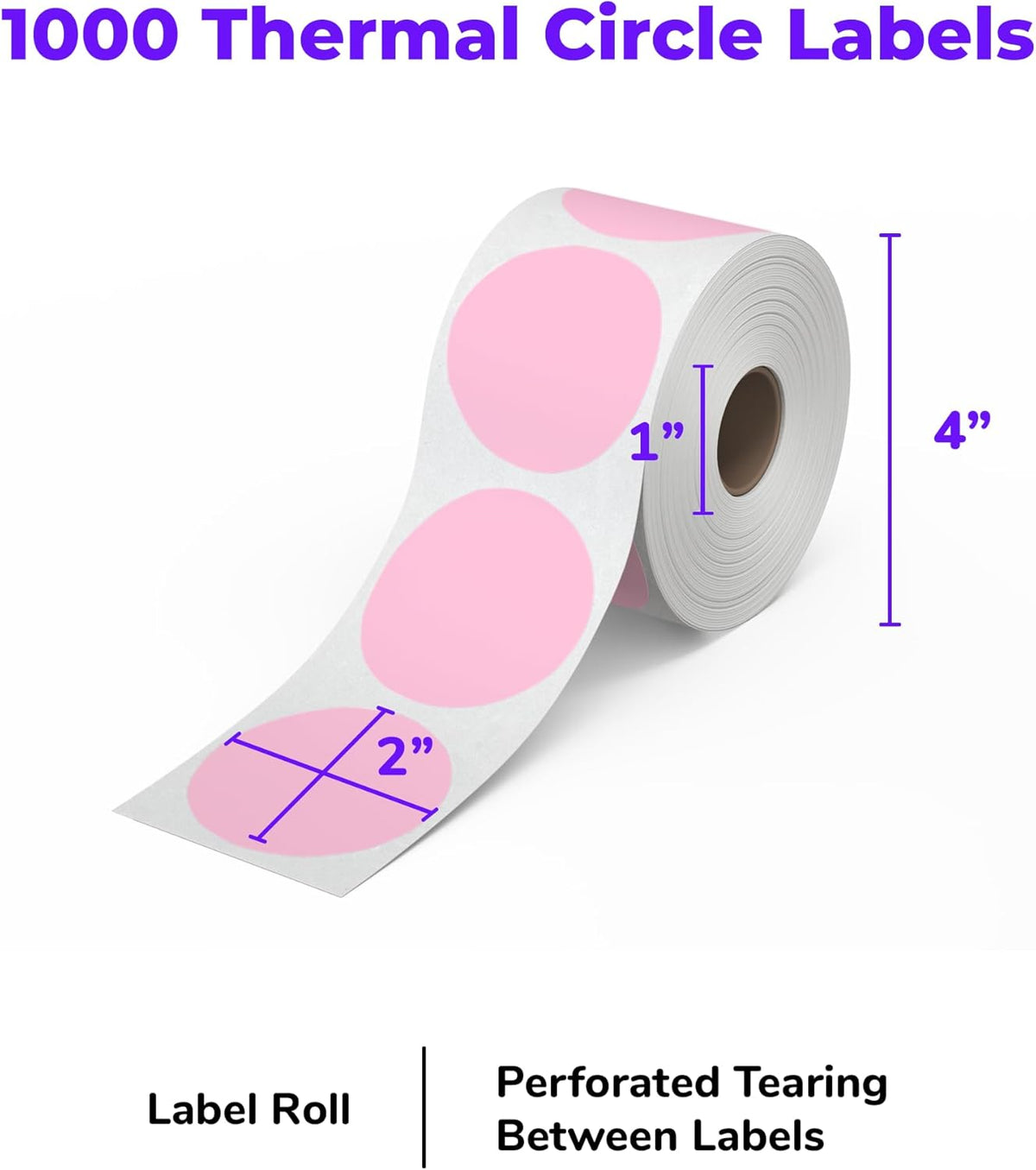 Rollo Circle Thermal Labels 2 Inch - Roll of 1,000 Round Sticker Labels - Multi-Purpose Direct Thermal Printer Stickers 2x2 (Pink)