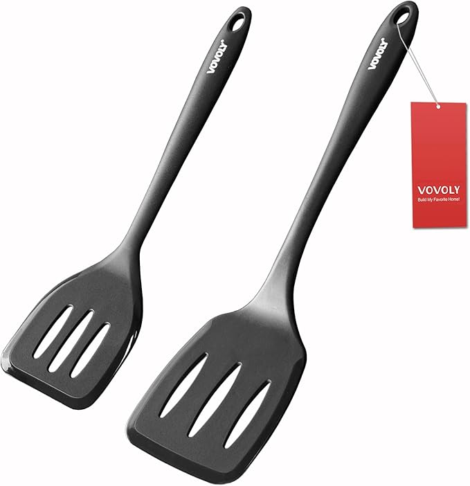 Silicone Spatula Set, 600°F Heat Resistant Silicone Spatula Turner Flipper for Cooking, Non Stick and Non Scratch Kitchen Utensils for Eggs & Fish, 2 Pack, Black
