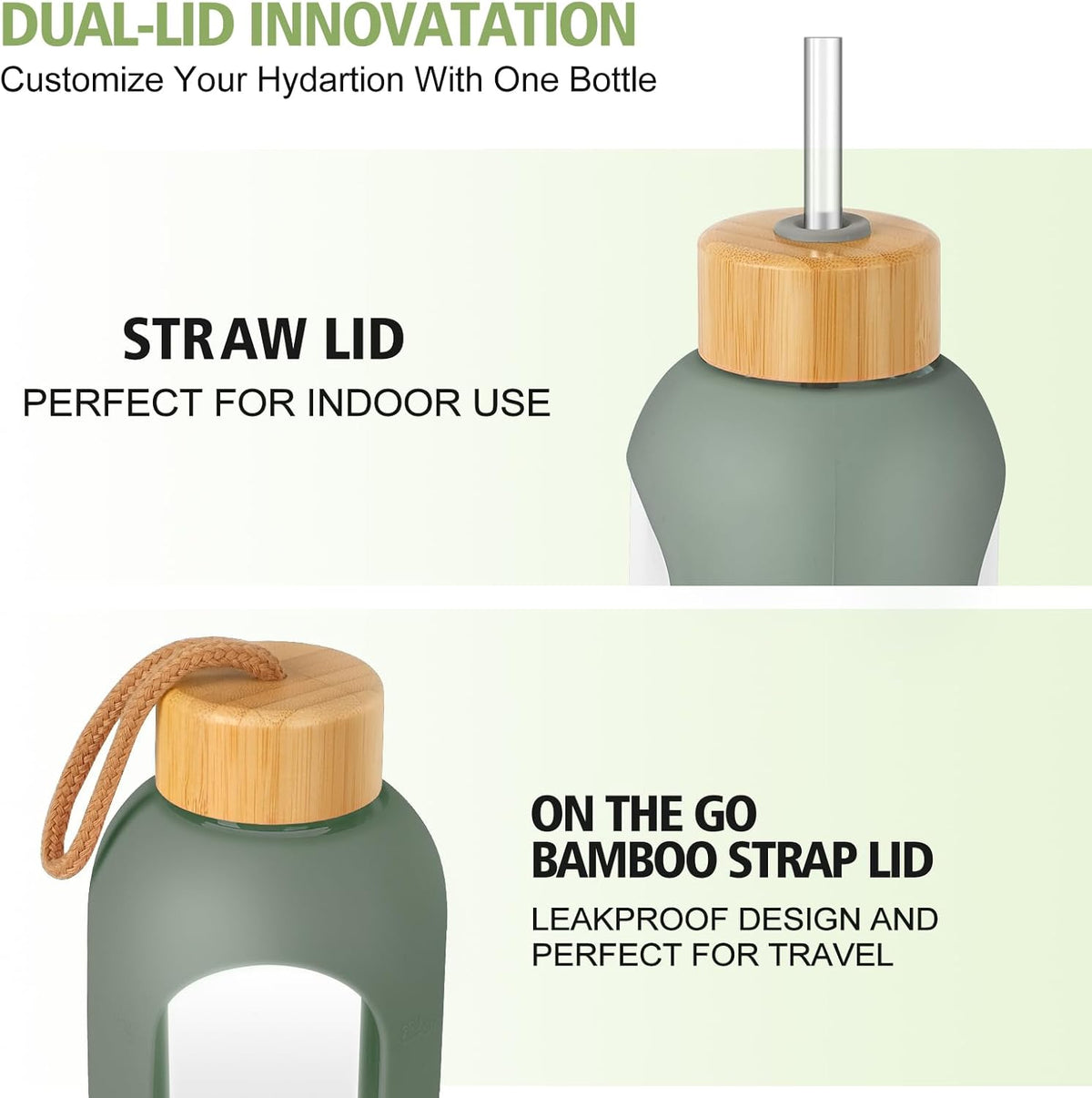 Glass Water Bottles 32 oz - Motivational Drinking Glass Water Bottle with Silicone Sleeve, Straw & 2 Bamboo Lids - 1 Liter Clear Borosilicate Daily Intake Tumbler with Time Marker - Olive