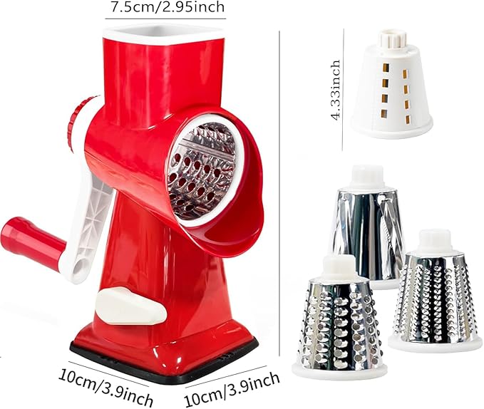 Rotary Cheese Grater with Handle, Multifunctional Kitchen tool, Stainless Steel Rotary Grater Slicer for Fruit, Vegetables, Nuts (Red)